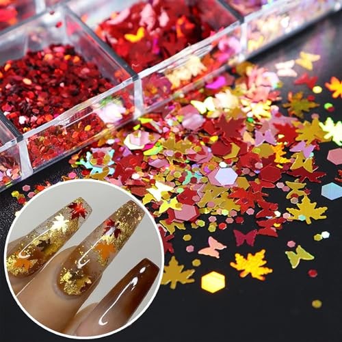 12 Grids Fall Nail Glitters 3D Gold Maple Leaf Nail Sequins with Glitter Gold