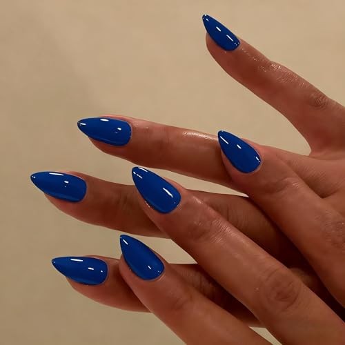 Short Press on Nails Almond, Royal Blue Fake Nails Short Stiletto, royal blue