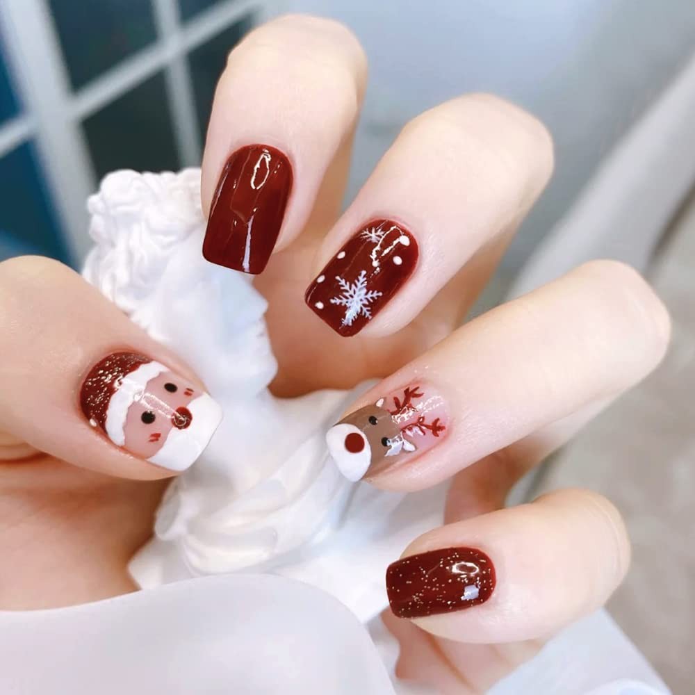Christmas Short Square Press on Nail Snowflake Red Fake Nails Glitter Elk Sno…