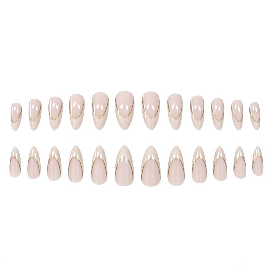 48Pcs-Long Almond Nude White French Thin Gold Line Fake Press on Nails Set