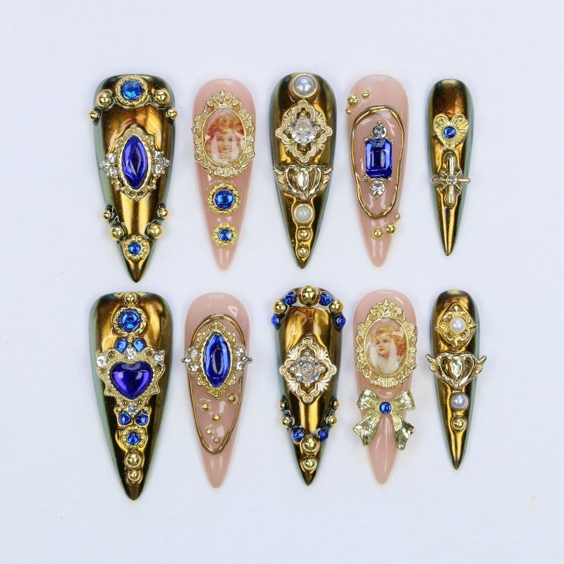 Custom Pure Handmade Nails Gold Sapphire Portrait Bow European Vintage Manicure