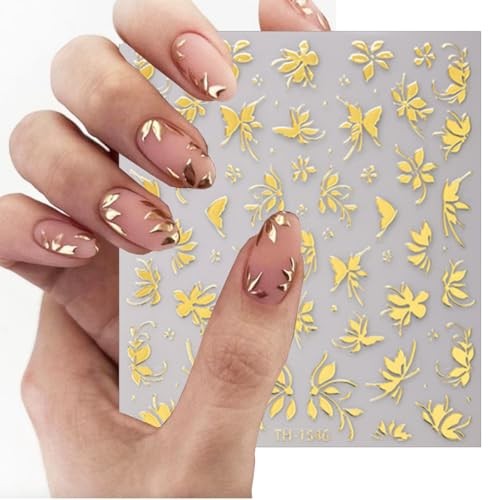 6 Sheets Gold Nail Stickers 3D Metallic Gold Flower Leaf Nail Stickers -5