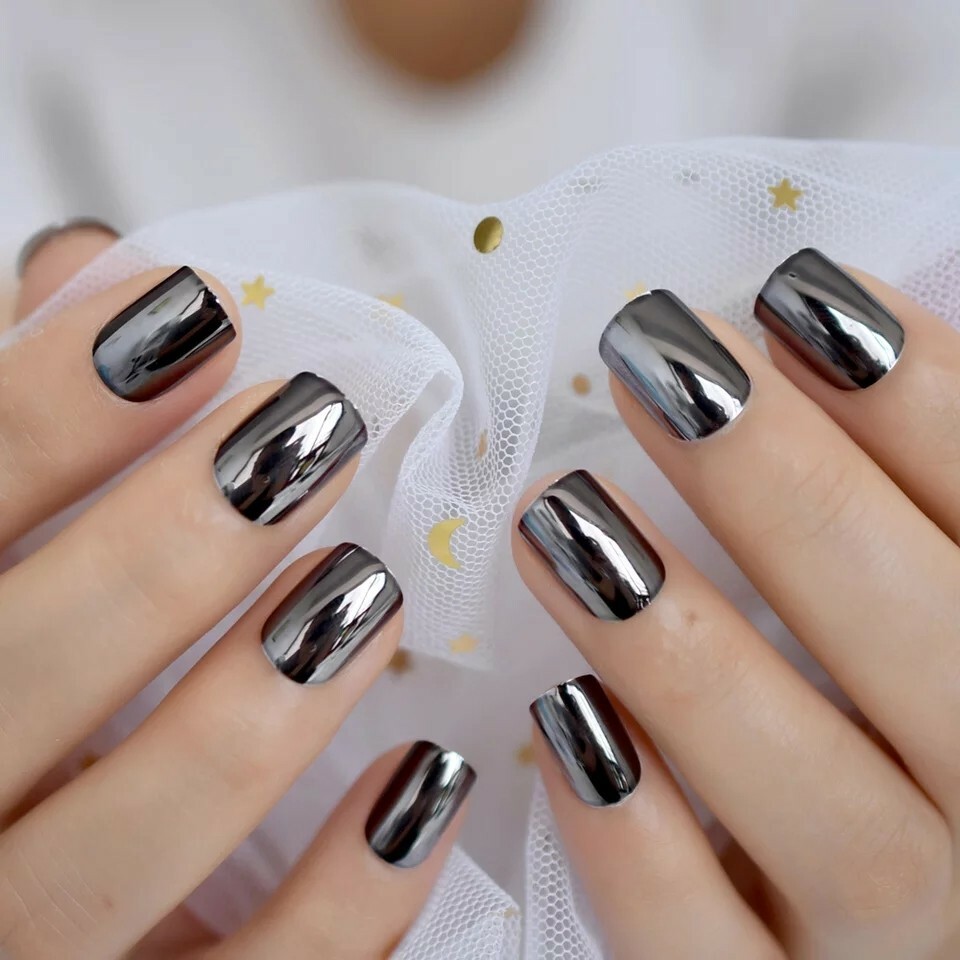 Gunmetal Gray Chrome Press On Nails Short Mirror Silver Dark