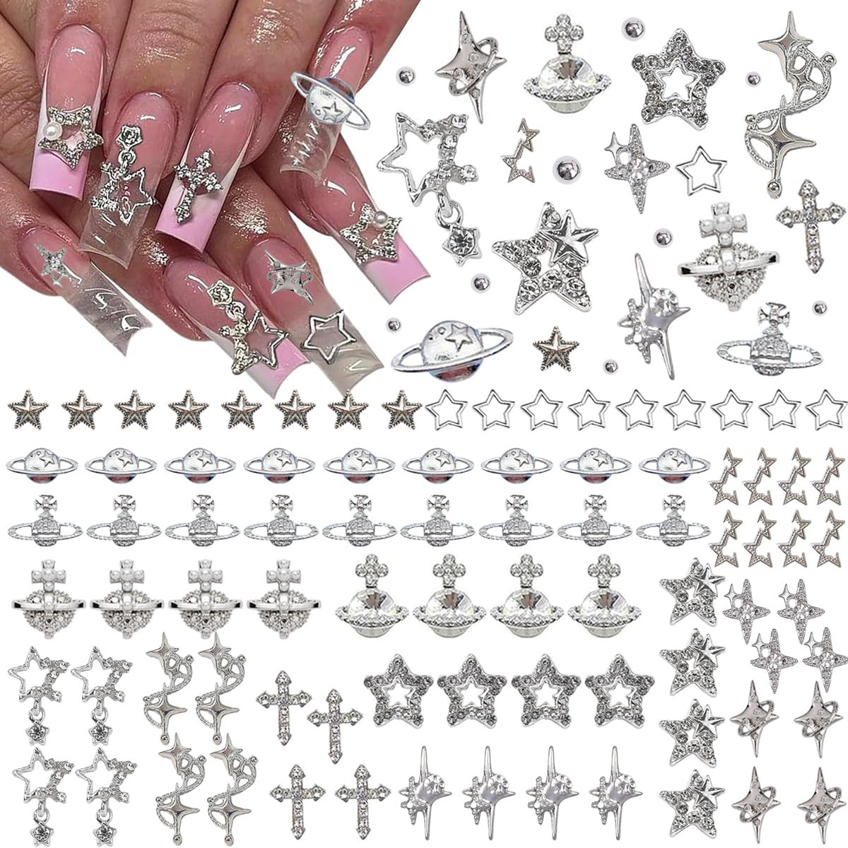 120+ Pcs Star Nail Charms Inlaid Rhinestones Gems, Silver Star Planet Cross Nail