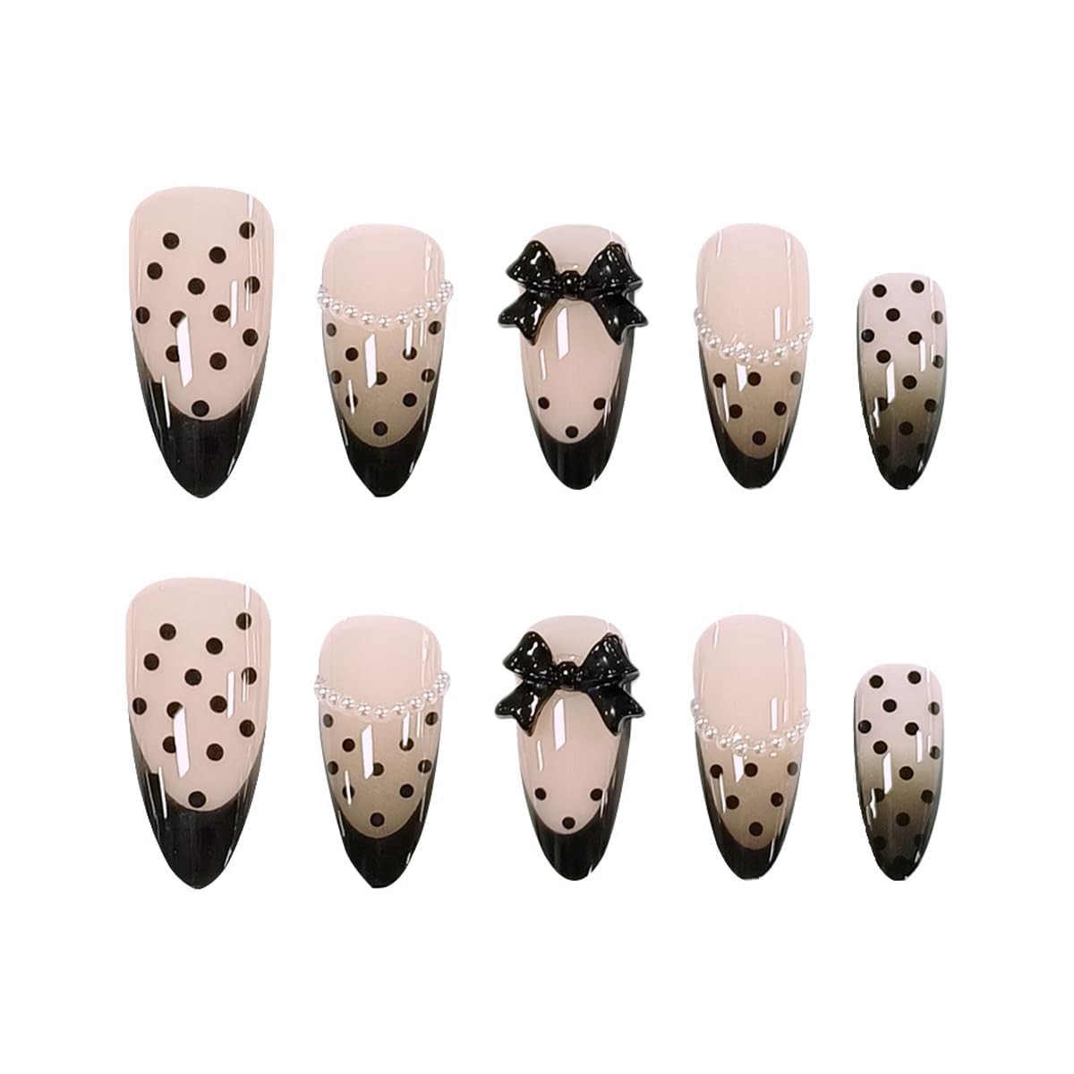Black French Tip Press on Nails Medium Almond Nude False Nails 24Pcs