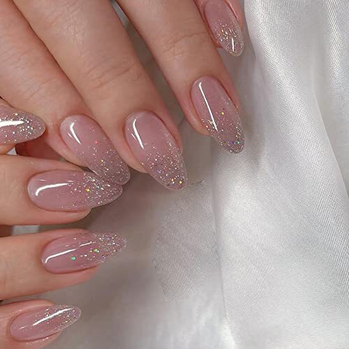 Short Round Press on Nails Oval Fake Nails Glossy Glue on Nails Pink O02Pink