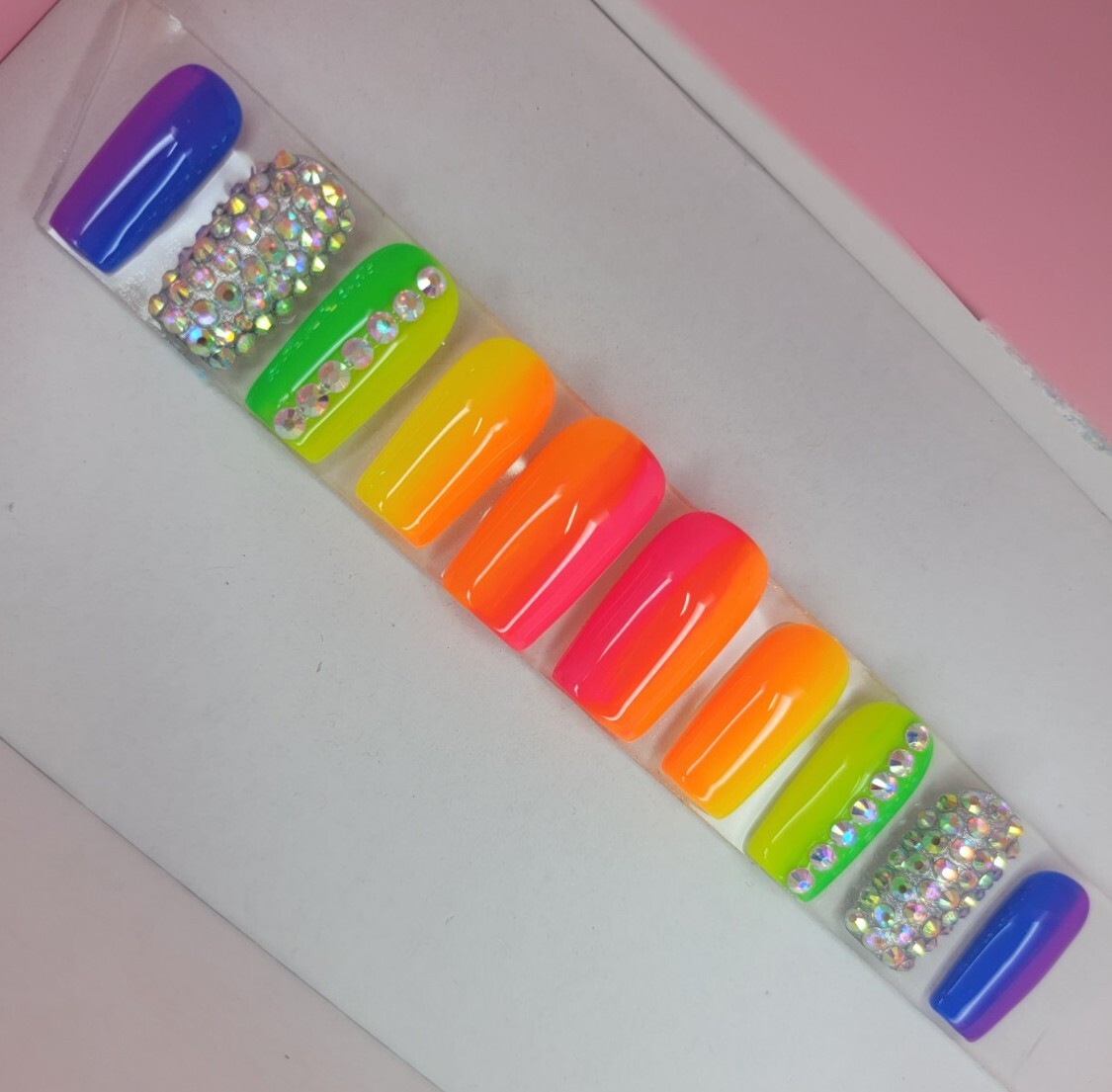 Neon Rainbow ombre nails Press On nails long square pride nails