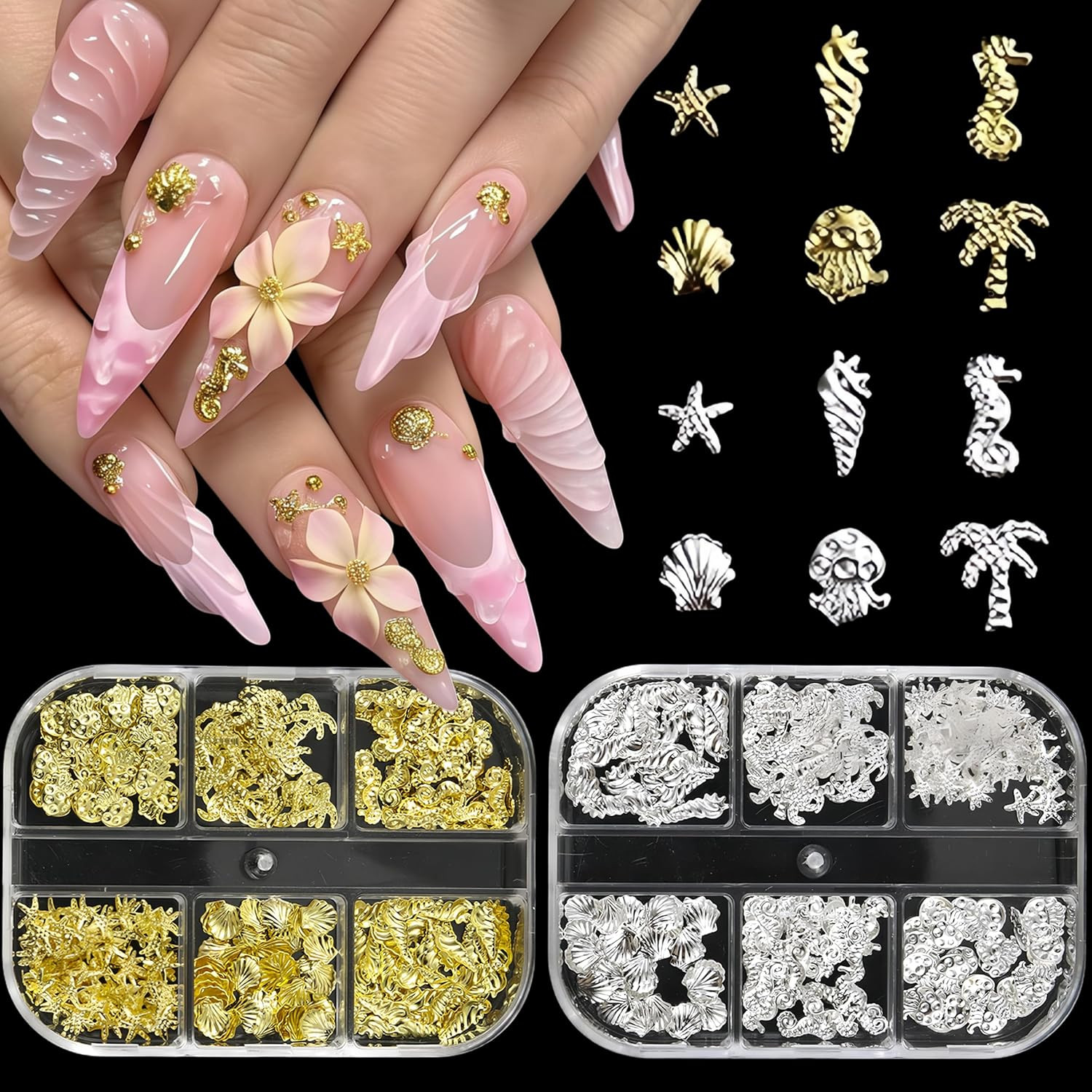 2 Boxes Summer Gold Silver Seashell Seahorse Nail Charms 3D Beach Nail Charms Se