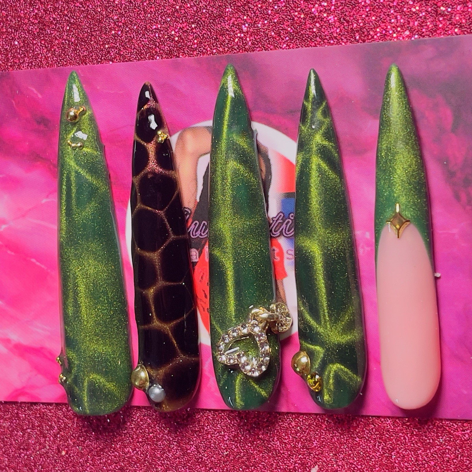 Nail Arts By Dia Long Stiletto Press-On Nails Animal Shiny Green Black Pink