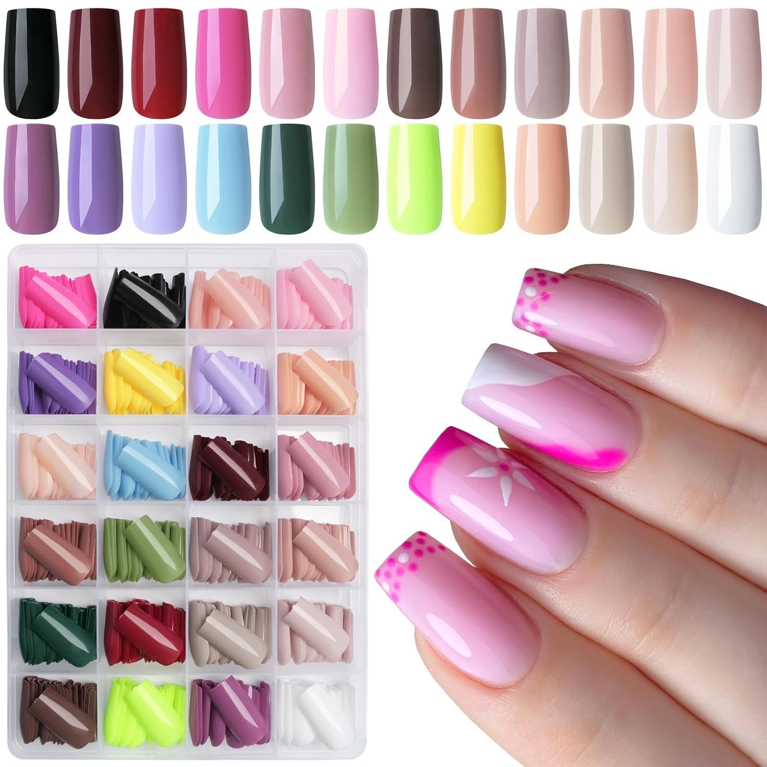 576pc Medium Square Press on Nails Kit Glossy Colored Straight Fake Nails Ful…