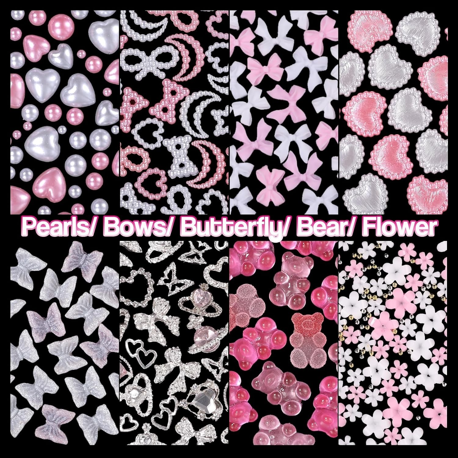 Silver Nail Gems Charms 3D Pink Pearl Bow Bear Nail Art Charms For Manicure |
