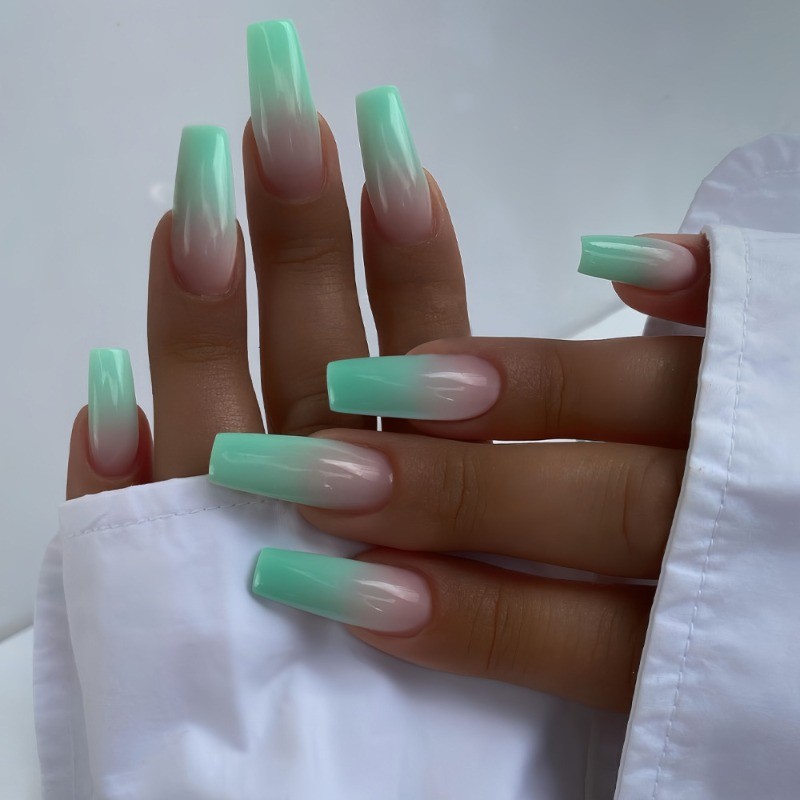 48pcs-Light Green To Nude Ombre Press on Nails, Long Coffin Acrylic Fake Nails