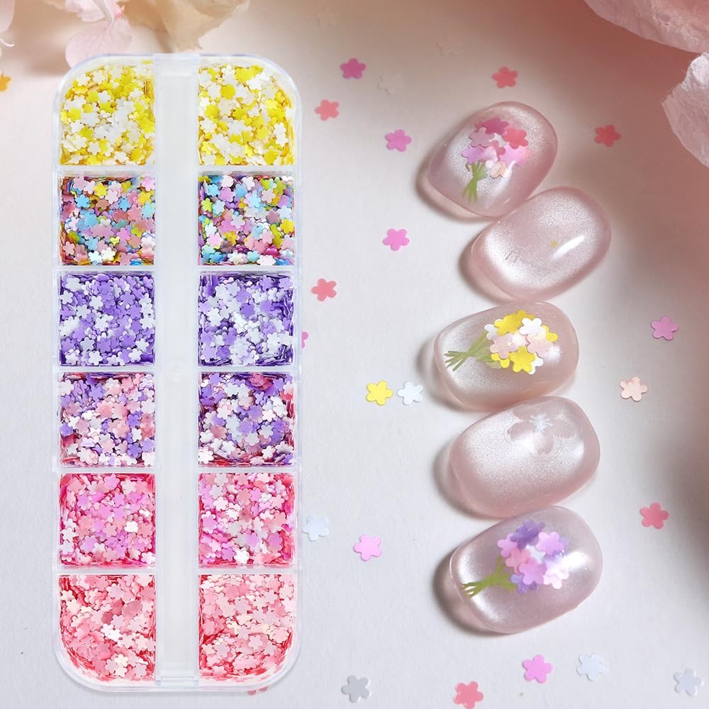 Little Flower Nails Sequins Spring Summer Colorful Nails Glitter Flakes Desig…