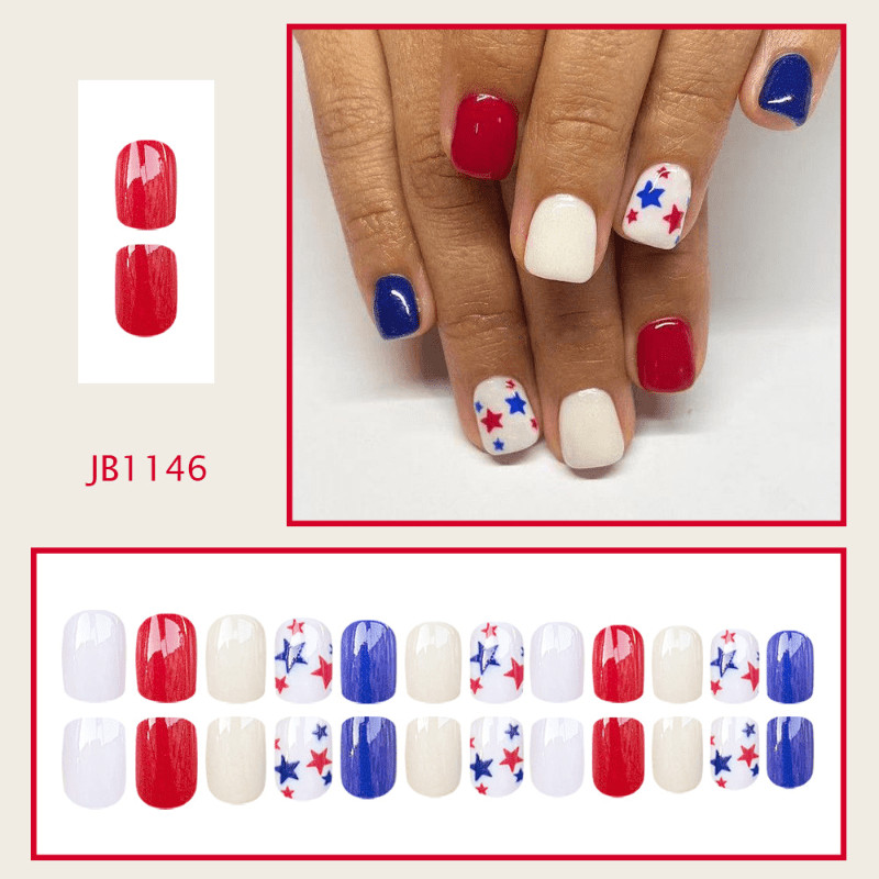 48Pcs Short Red White Blue Star Press on Nails Independence Day Holiday Wear