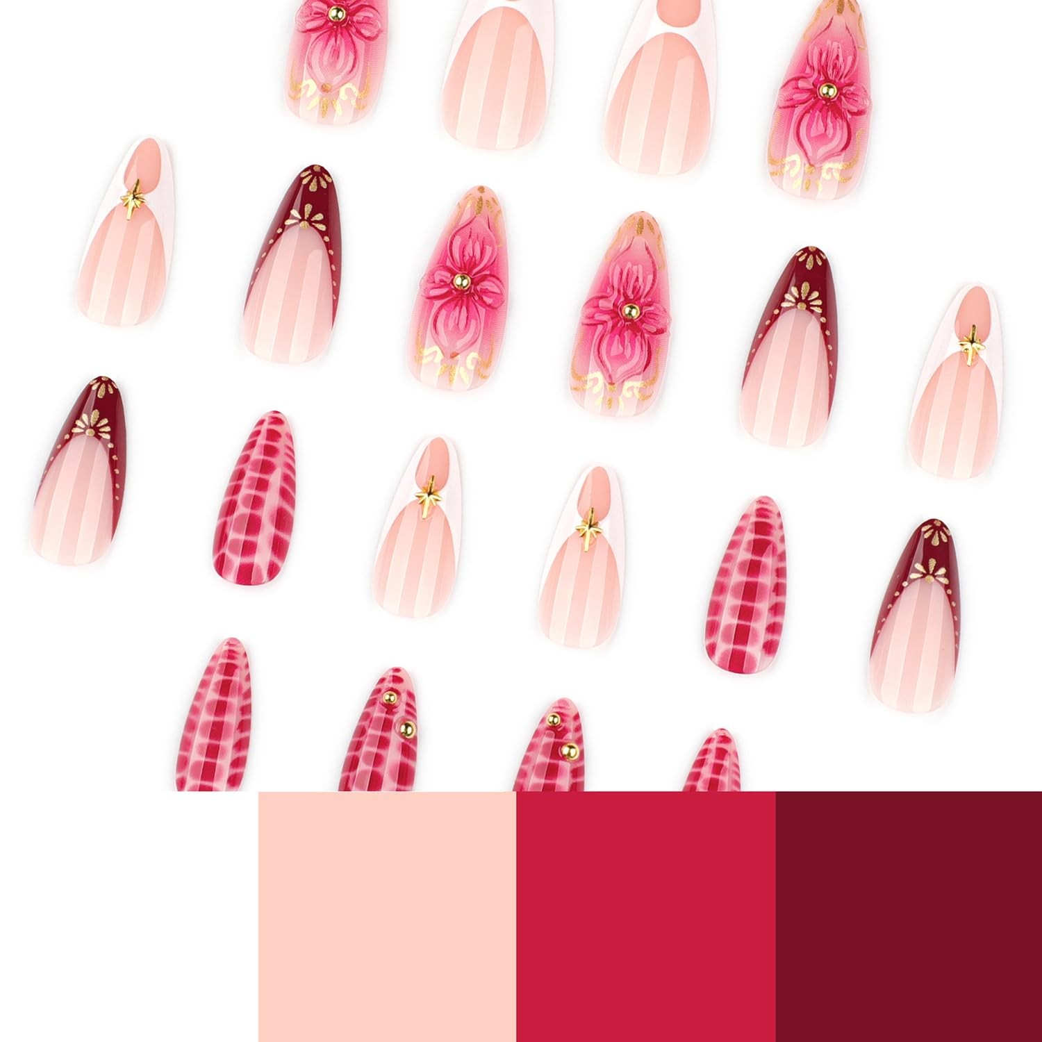 French Tip Press on Nails Medium Almond – 3D Flower Rose Pink almond Shape 45