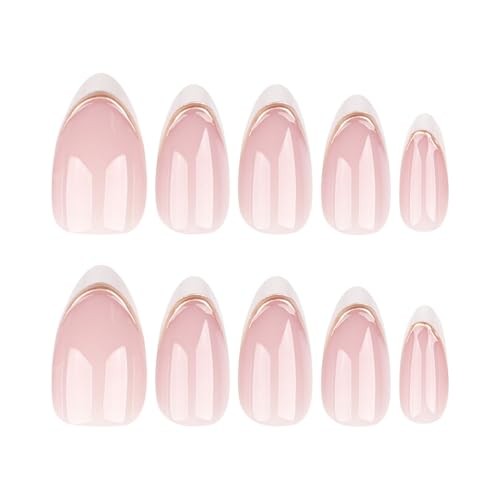 Medium Pink Almond Press on Nails – 3D Gold Stripes – White French