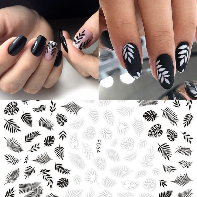 White & Black Geometric Leaves 3D Nail Stickers Adhesive Decals Flower DIY NS14