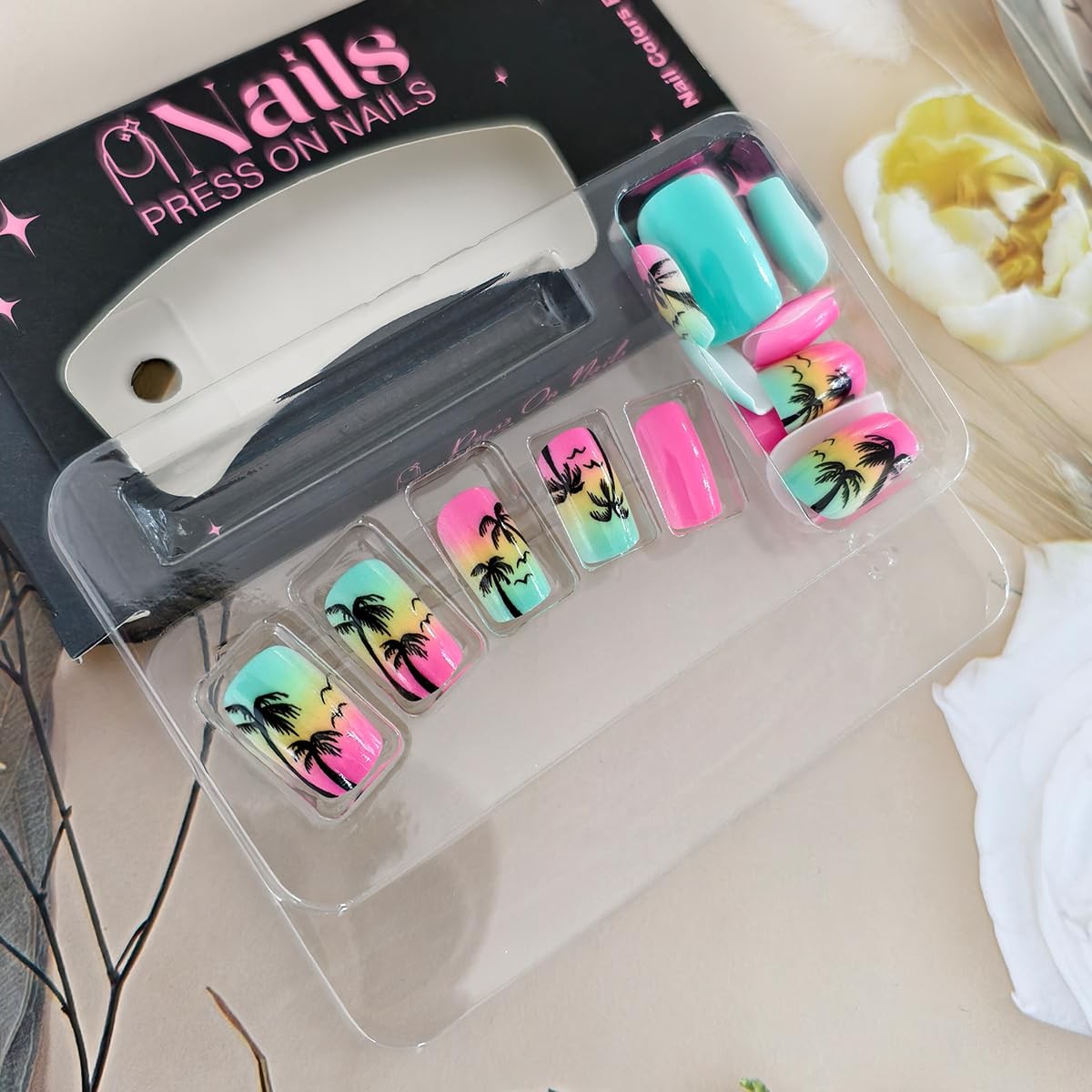 24Pcs Summer Press on Nails Short Palm Tree Square, Multicolor