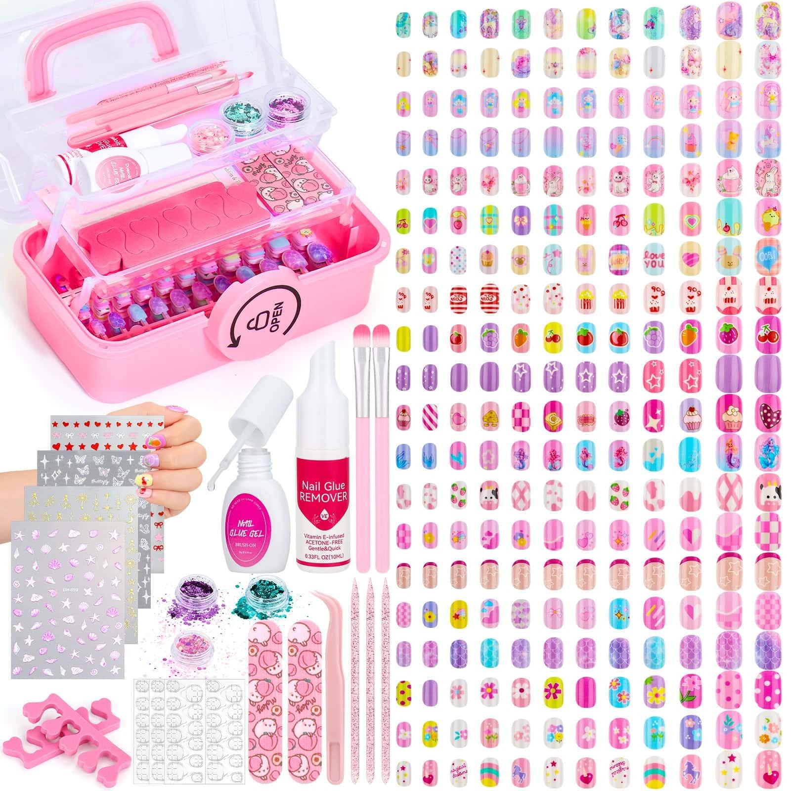 480 Pcs Kids Nails and Glue, Girls Press ons Nail Art Kit with Storage Case, …