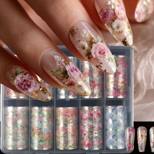 Spring Floral Nail Art Foils Transfer Stickers 10Pcs Colorful Rose Style 4