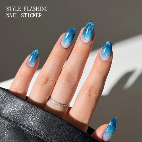 Gel Nail Stickers Semi Cured Gel Nail Strips Wraps Blue Gradient Cat Eye