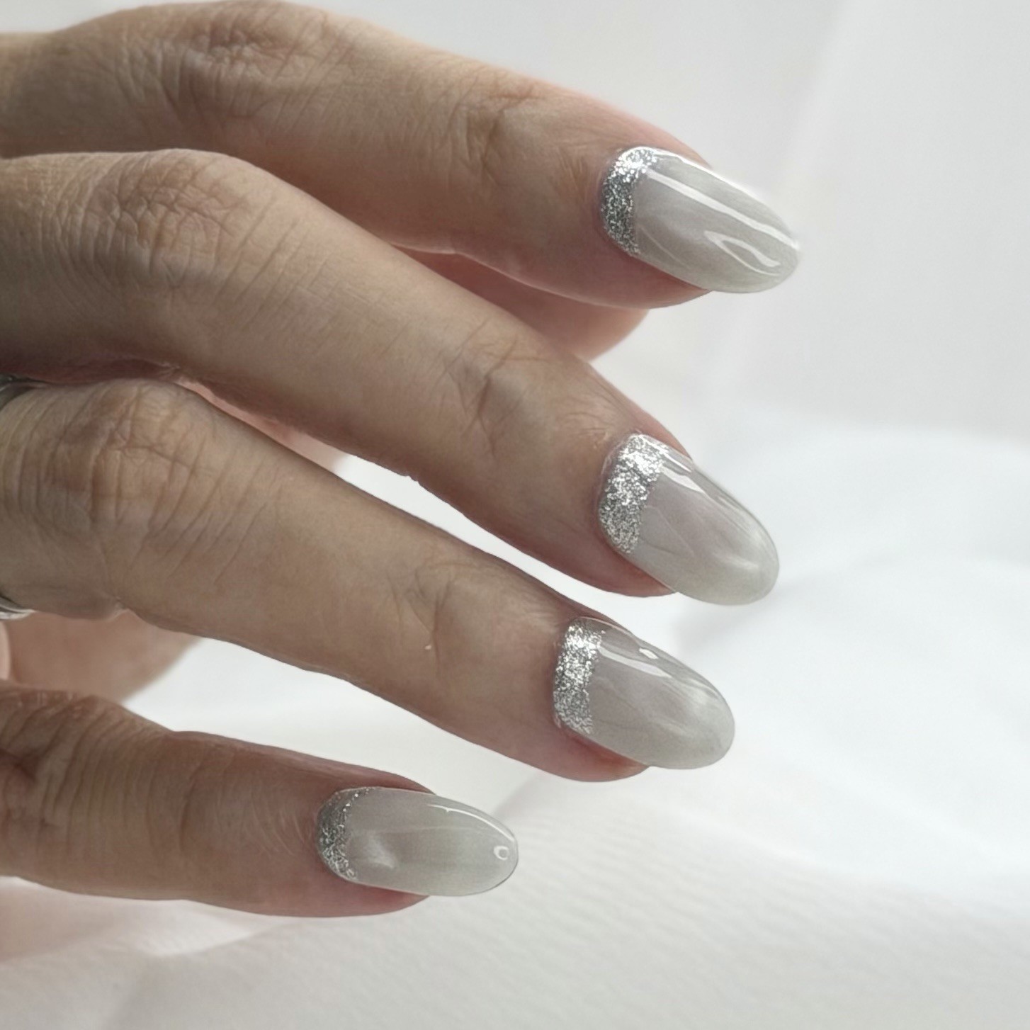 Handmade Reverse French Tip Press-On Nails Silver Glitter Edge Reusable Size M