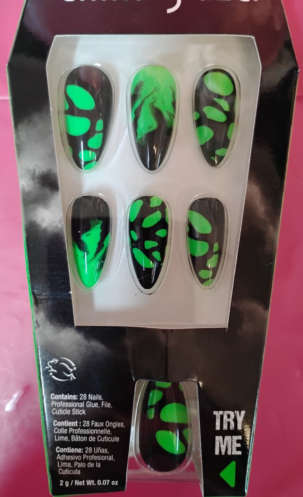China Glaze Scaredy Cat Halloween Press On Nails Stiletto Green Black Full Cover