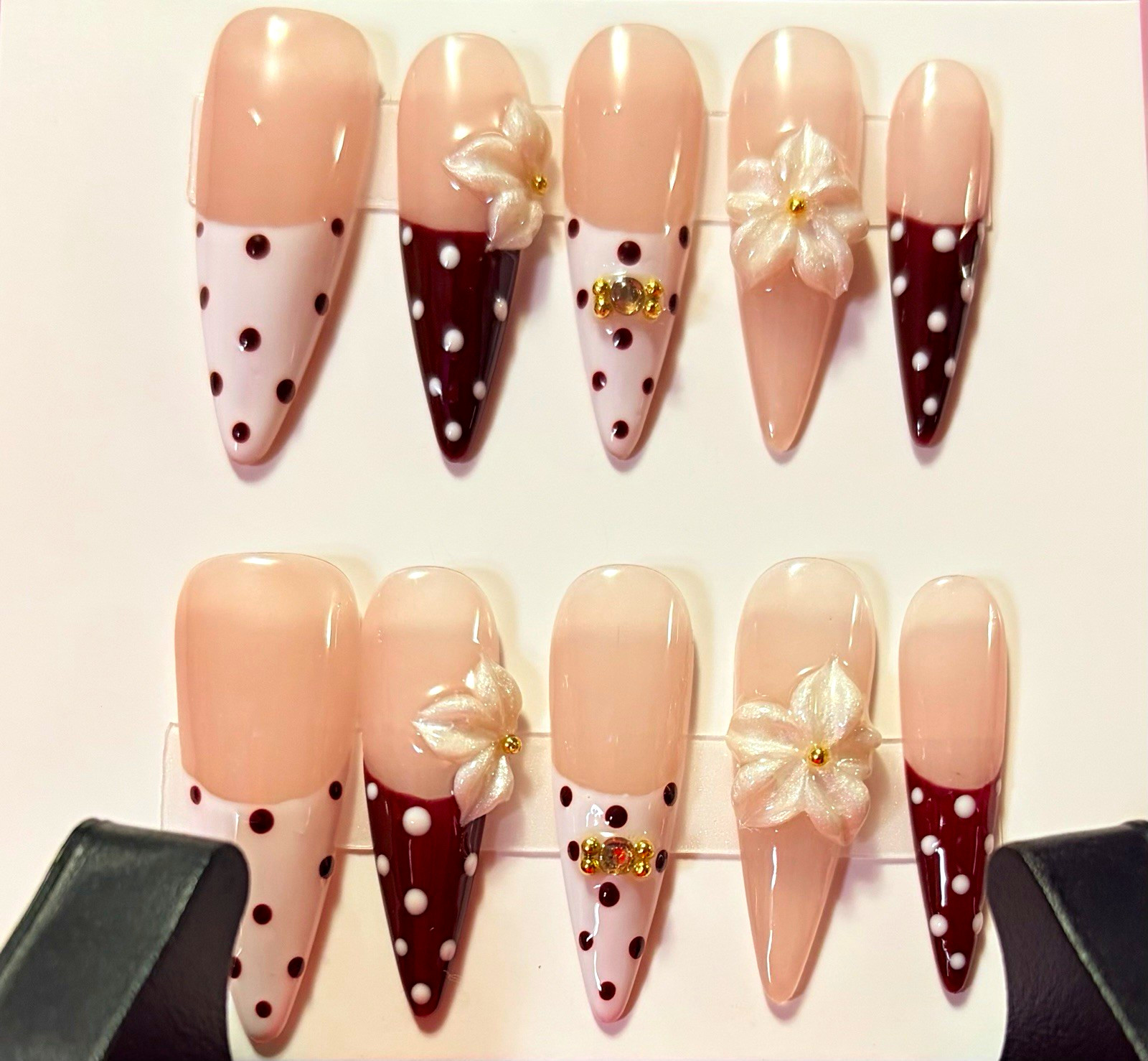 Pink/Brown/White 3D Flower Polka Dot Stiletto Press-On Nails, Long, size small