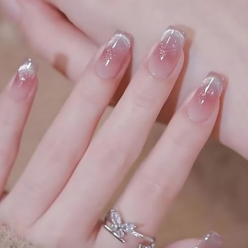30 Pcs Press on Nails – Short Fake Nails with Glitter Cat Eyes – Blush Cat Eyes