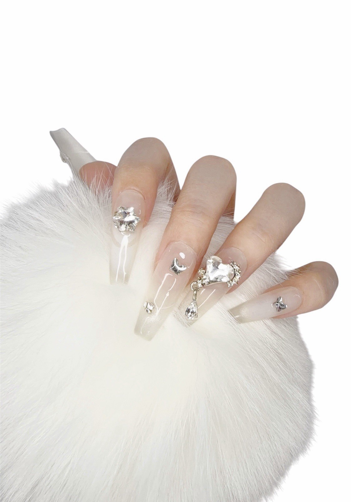 Long Coffin White Press on Nails with Heart and Butterfly Design (#033)