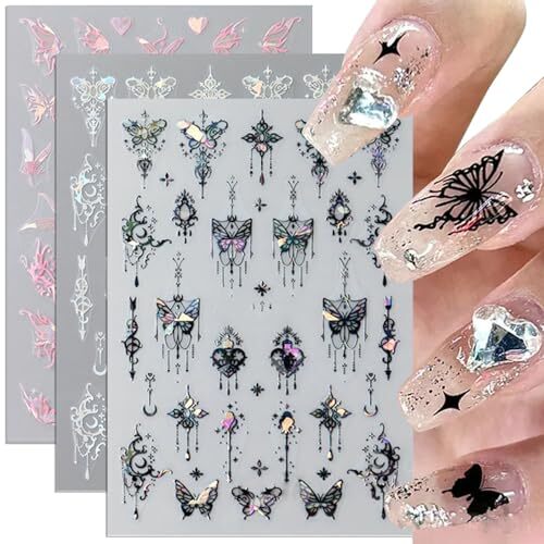 8pcs Metallic Silver Butterfly Nail Stickers 3D Laser Black Butterfly 1