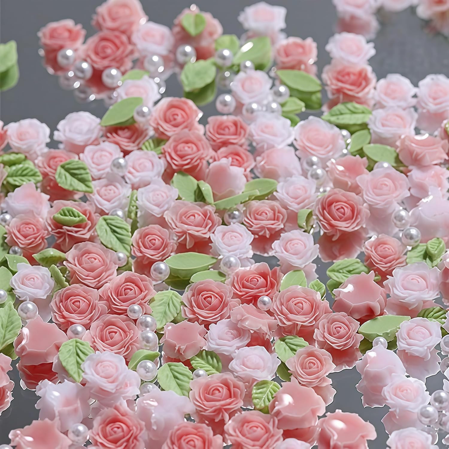 300Pcs 3D Pink Flower Nail Art Charms 3D Roses Flower Nails Rhinestones for Nail