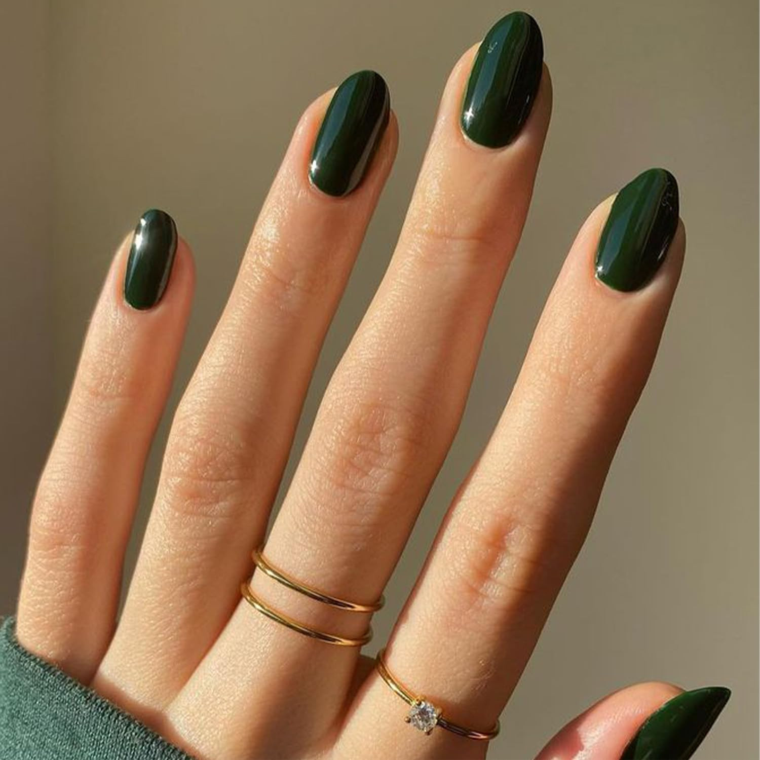 Dark Green Press on Nails Almond, St Patricks Day Spring Short Fake Nails, Reusa