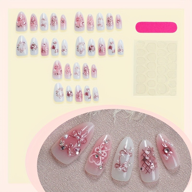 60Pcs-Pink Bow Heart Rhinestone Almond Press on Nails Pearl Star Glossy Fake Tip