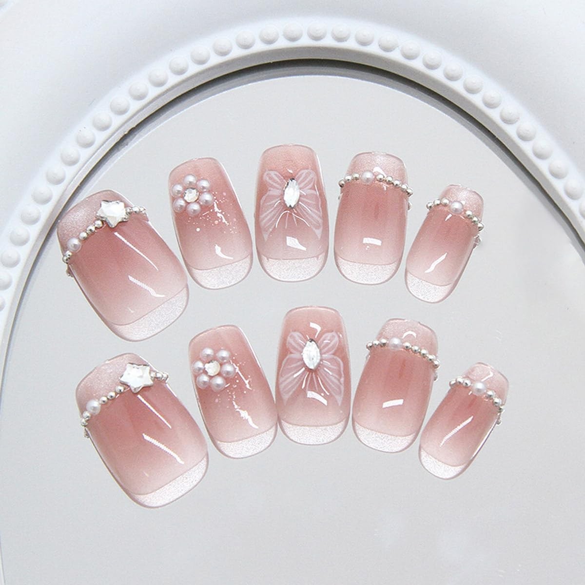 Butterfly Square Fake Nails Medium Length French Tip Press Nails Glitter Full…