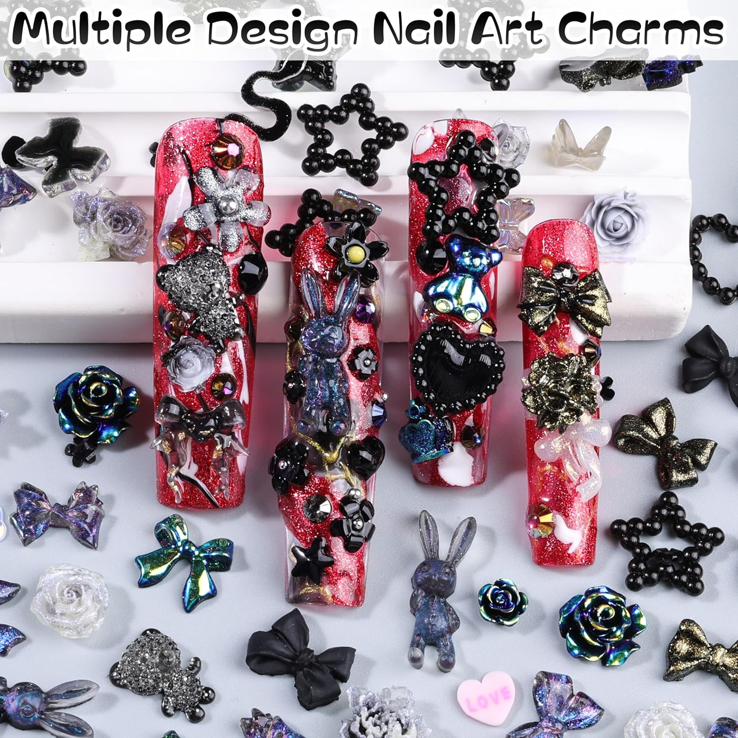 1500Pcs 3D Black Nail Charms for Acrylic Nails, Resin Butterfly Flower Star Hear