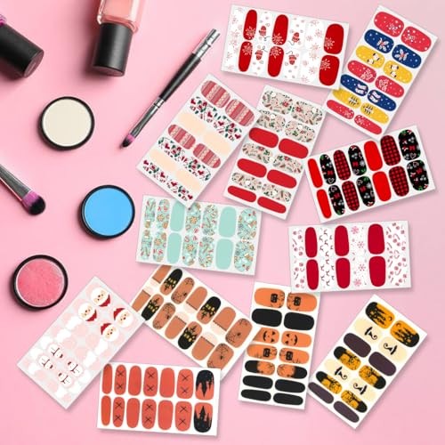 224 Pieces 16 Sheets Holiday Nail Full Wraps Set Holiday Nail Polish Strips-03