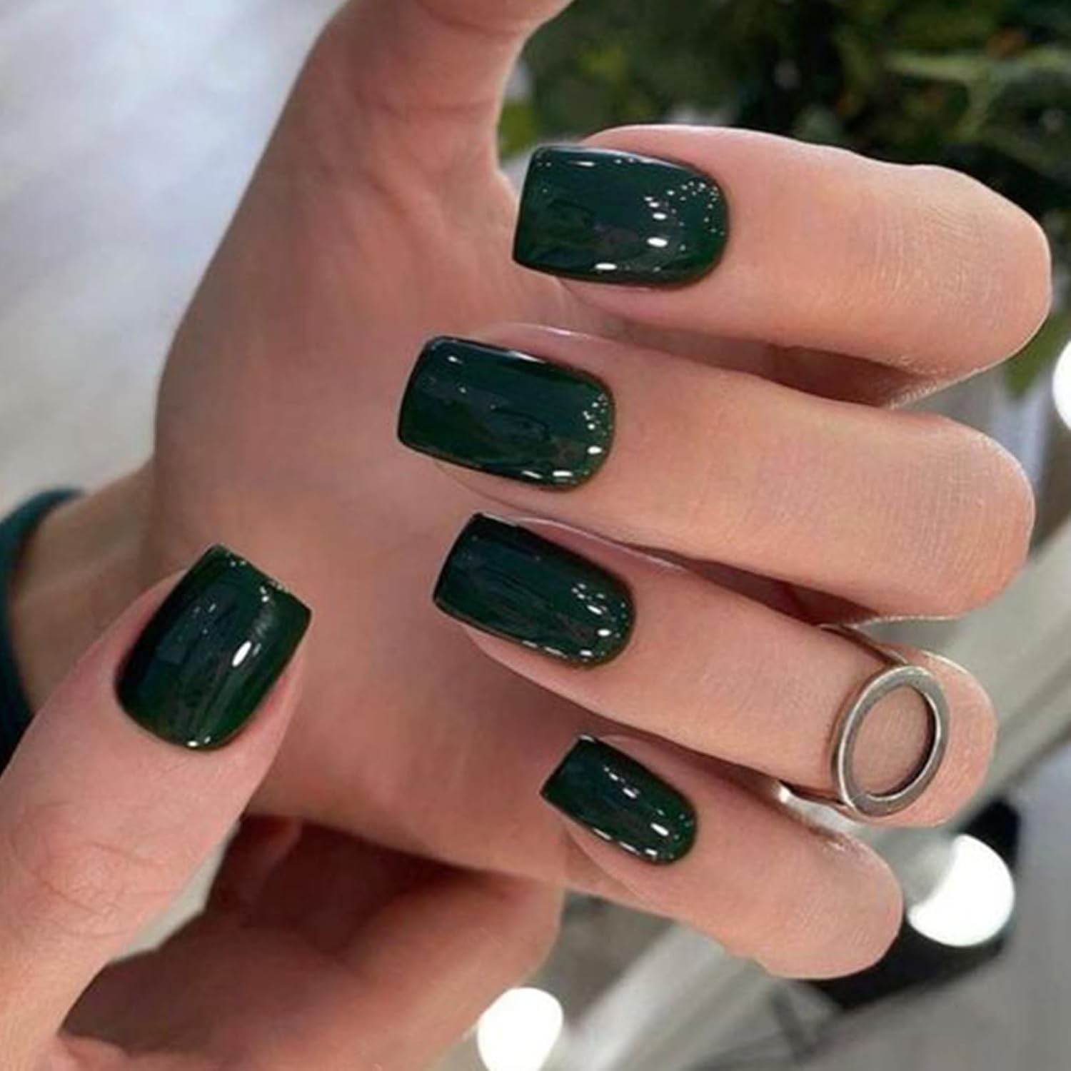 Dark Green Press on Nails, Short Square Fake Nails, Reusable Nail Kit with Na…