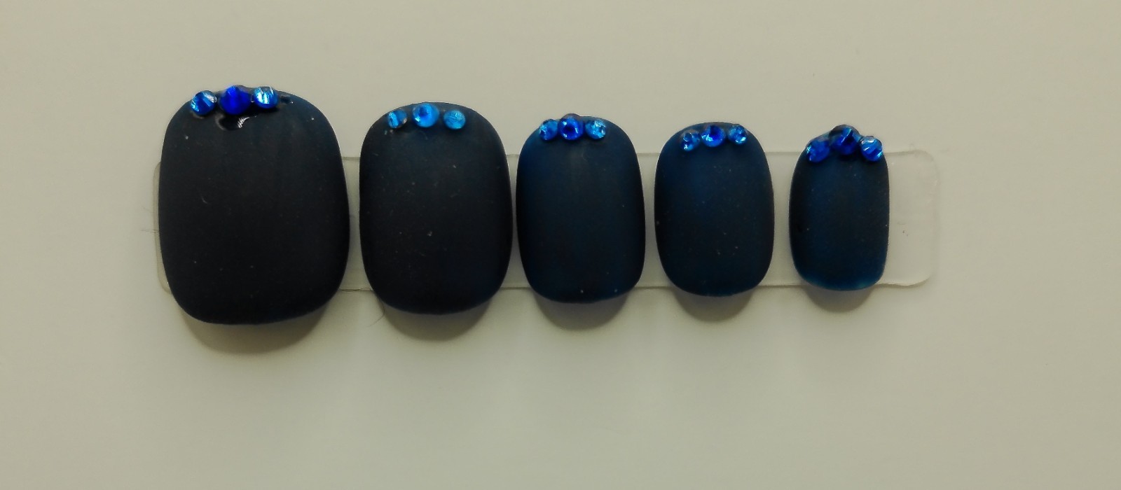 Extra Short Squoval Press-On Nails, Medium Sizes Dark Matte Blue with Gems