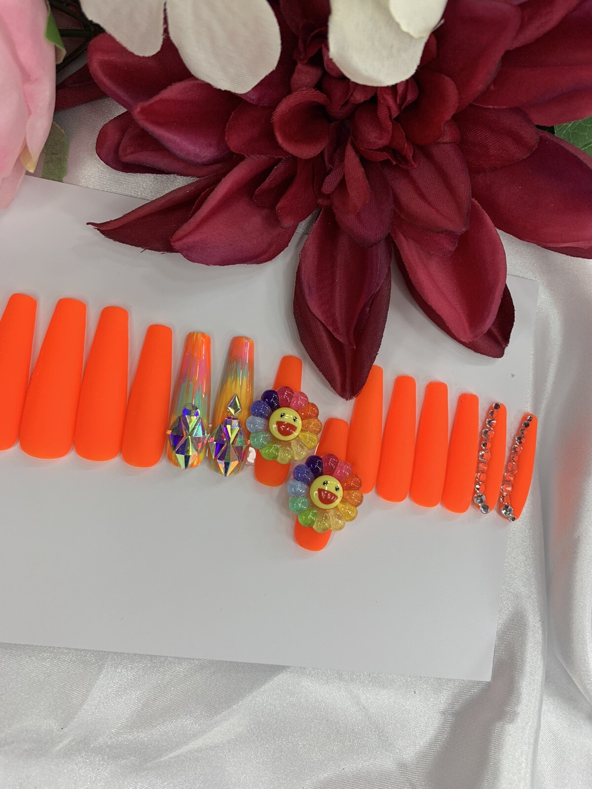 press on nails handmade| Happy Smiley| xL Coffin Set Matte Orange