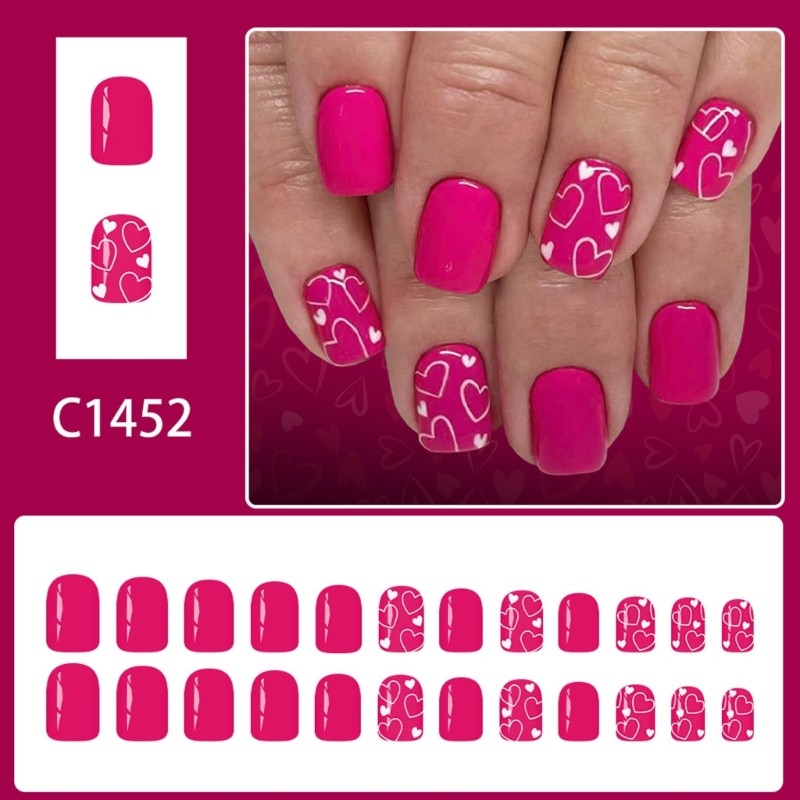 Valentines Day Press On Nail 24Pieces Short Square Fake Nail Pink Color