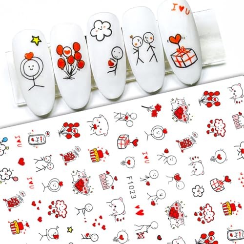 6 Sheets Valentines Nail Stickers, 3D Self-Adhesive Heart Nail Red Heart