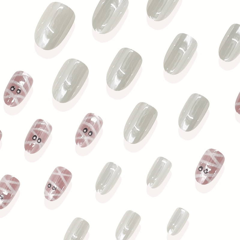 48Pcs-Short Oval Milky White Mummy Ghost Simple Halloween Press on Nails