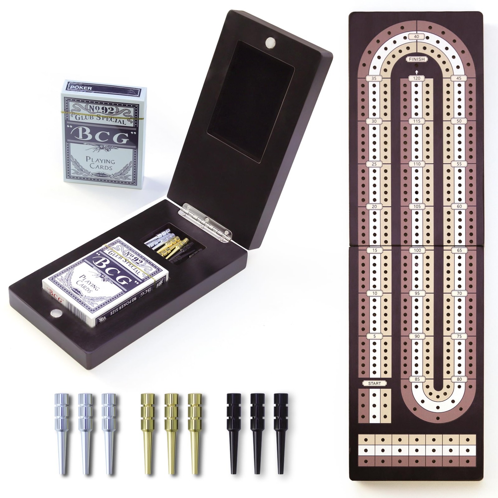 Cribbage Board Game Set – Wooden Foldable 3-Track 4.3 x 7.67 inches