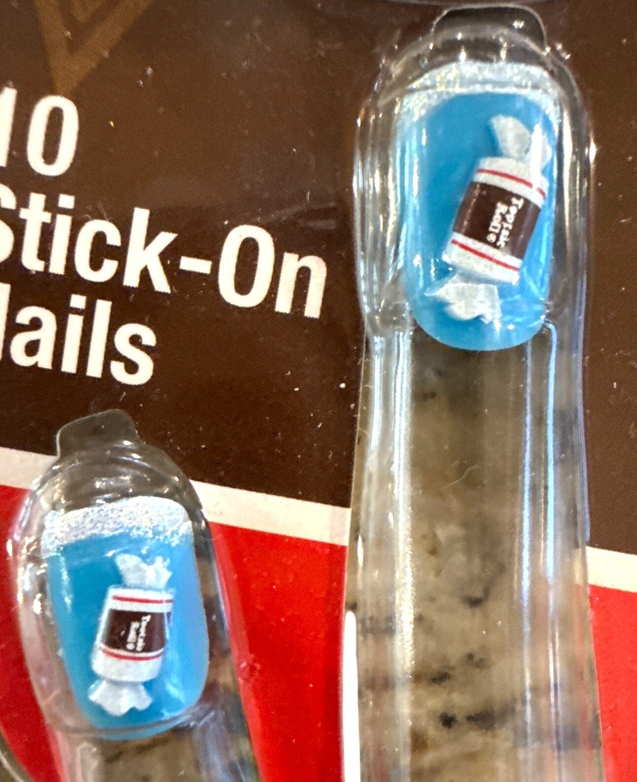 POP GRRL Nail Charms 10 Press-On Nails Blue+Brown+White TOOTSIE ROLL Candy Heart