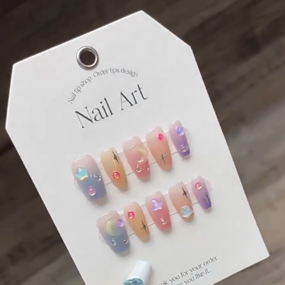 Medium Coffin Fake Nail Sweet Press-on Nail 3D Decor Moon Star False Nail 10 Pcs