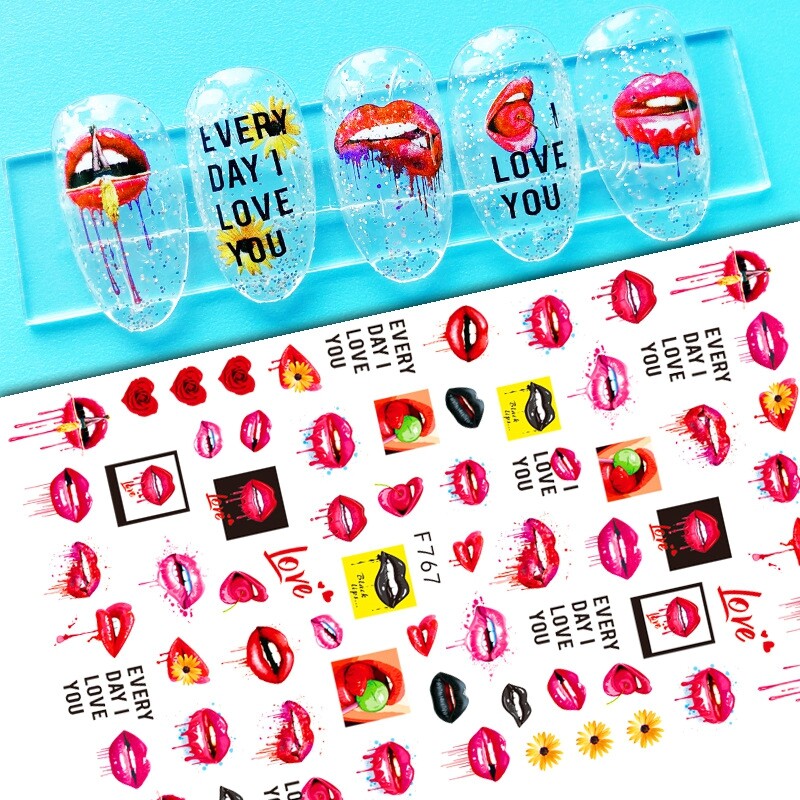 Red Lips Heart Nail Decals Stickers Rose Flowers Love Lipstick Fruit Cherry