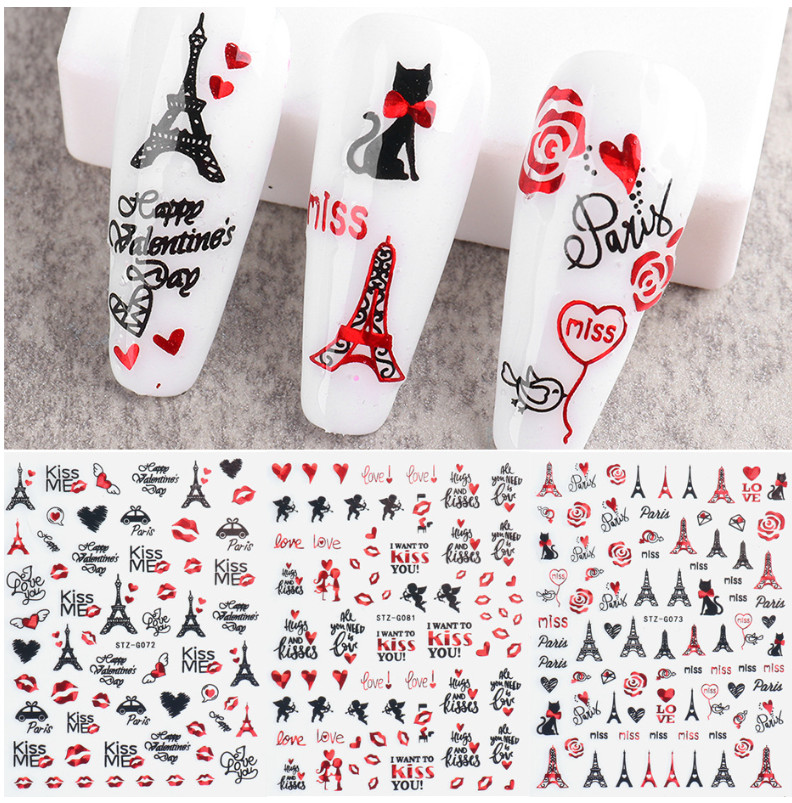 3D Nail Art Stickers Red Black Rose Flower Lace Heart Kiss Valentine Bride NH23