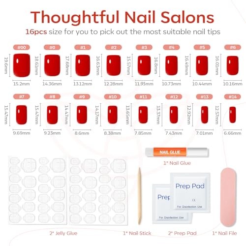 Red Press on Nails for Women, Short Square Fake Nails, Reusable A8-Classic Red