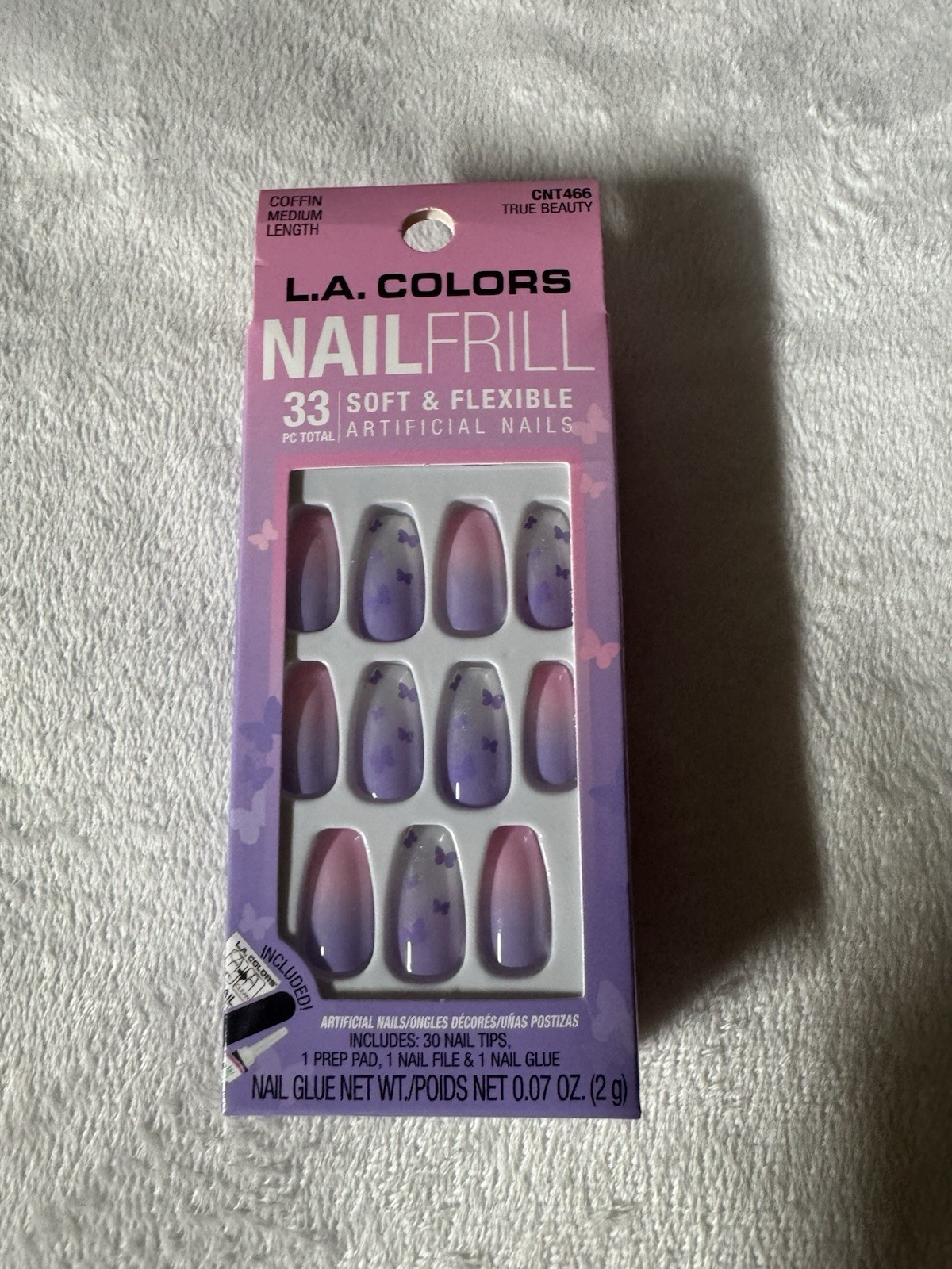 LA Colors Nail Frill Press On Nails True Beauty Coffin Medium Purple Butterfly